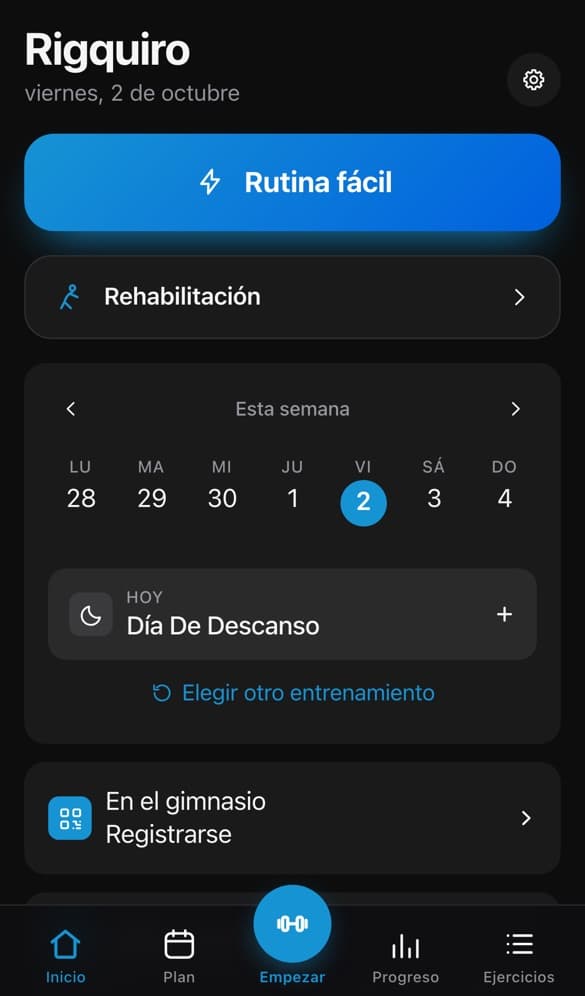 Pantalla principal de la app Rigquiro
