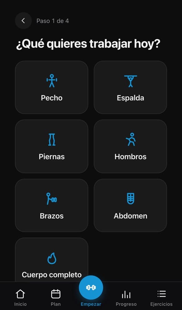 Pantalla de Rutina fácil: ¿Qué quieres trabajar hoy?