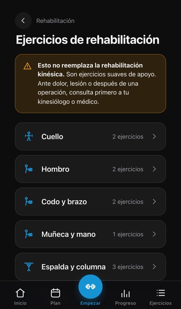Pantalla de ejercicios de rehabilitación con el aviso de que no reemplaza la rehabilitación kinésica